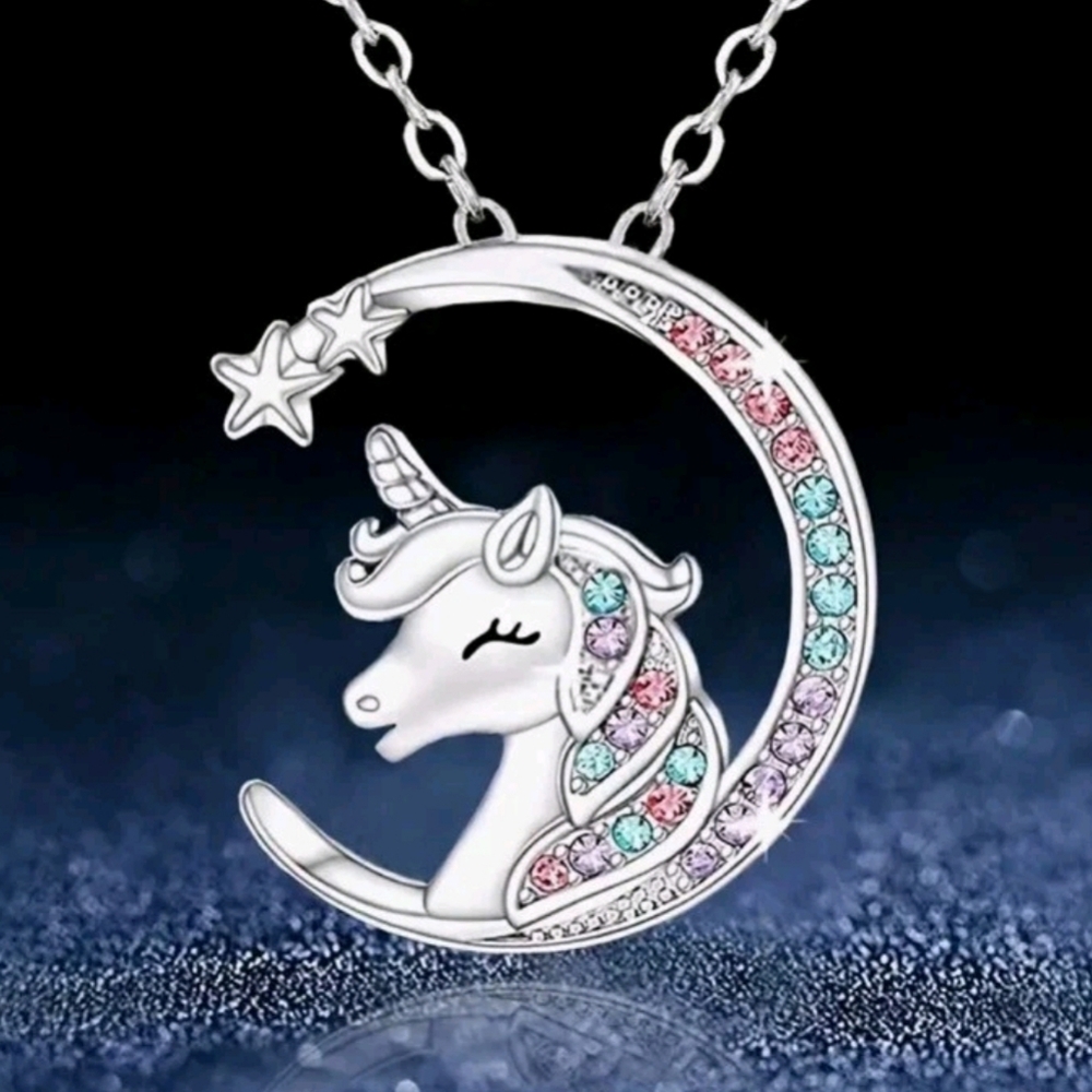 925 Sterling Silver Multicolor Sparkling  Unicorn Cresent Moon Pendant‎ Necklace
